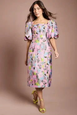 Robe Crayon À Col Carré Et Manches Bouffantes En Jacquard