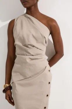 Robe crayon à drapé asymétrique en coton poli sur mesure
