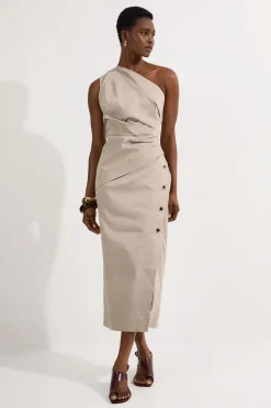 Robe crayon à drapé asymétrique en coton poli sur mesure