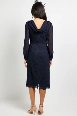 Robe Crayon en Dentelle et Mousseline à Dos Drapé
