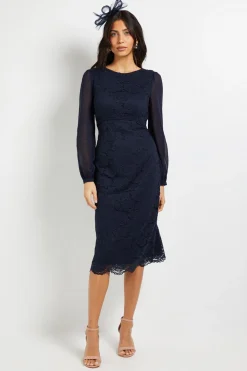 Robe Crayon en Dentelle et Mousseline à Dos Drapé