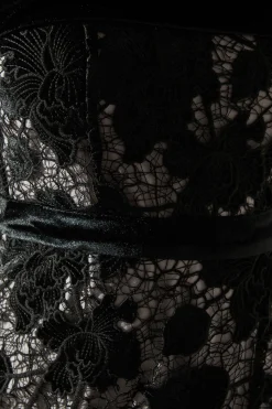 Robe Crayon en Dentelle Velours avec Détail Bardot et Doublure Contrastante