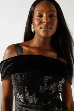 Robe Crayon en Dentelle Velours avec Détail Bardot et Doublure Contrastante