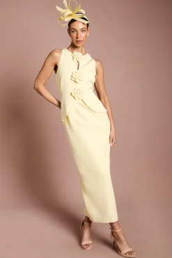 Robe Crayon Lisa Tan en Crêpe avec Détail Rosette et Basque