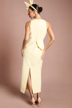 Robe Crayon Lisa Tan en Crêpe avec Détail Rosette et Basque