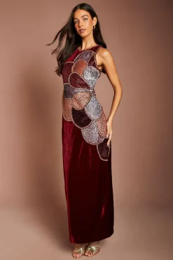 Coast Robe Crayon Longue En Velours Ornée De Motifs Floraux<Femme Robes|Robe Invitée Mariage