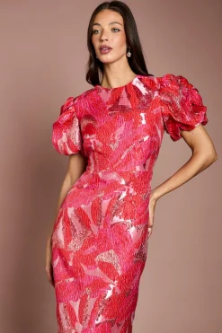 Robe Crayon À Manches Bouffantes En Jacquard Métallisé
