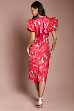 Robe Crayon À Manches Bouffantes En Jacquard Métallisé