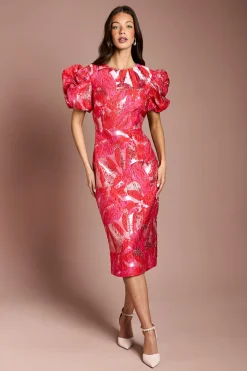 Robe Crayon À Manches Bouffantes En Jacquard Métallisé