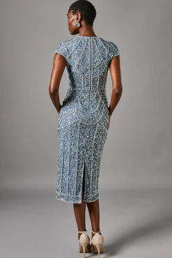 Robe Crayon à Manches Courtes Ornée de Perles