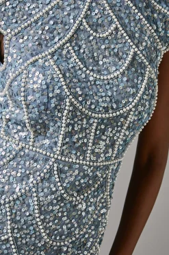 Robe Crayon à Manches Courtes Ornée de Perles