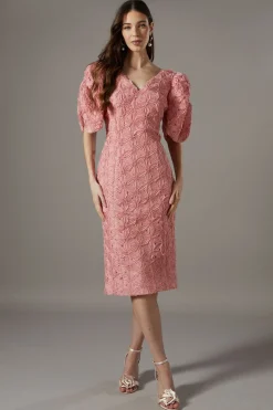 Robe Crayon à Manches Plissées Florales