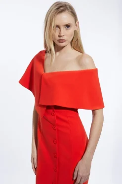 Robe crayon midaxi structurée, stretch, à épaules dénudées et à boutons traversants