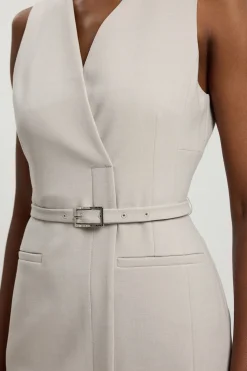 Robe Crayon Midi Ajustée Ceinturée En Tissu Stretch Compact