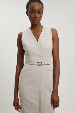 Robe Crayon Midi Ajustée Ceinturée En Tissu Stretch Compact