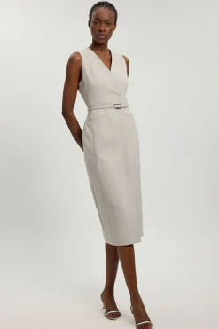 Robe Crayon Midi Ajustée Ceinturée En Tissu Stretch Compact