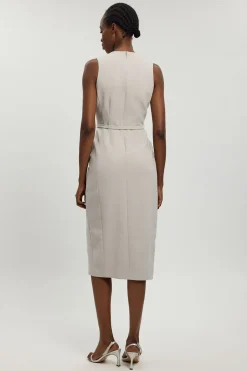 Robe Crayon Midi Ajustée Ceinturée En Tissu Stretch Compact