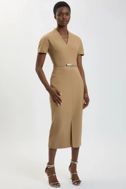 KarenMillen Robe Crayon Midi Cintrée Ajustée À Ceinture En Tissu Stretch Compact Petite<Femme Robes|Robes Mi-Longues