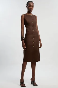 Robe Crayon Midi Cintrée En Lin Avec Boutonnage Devant