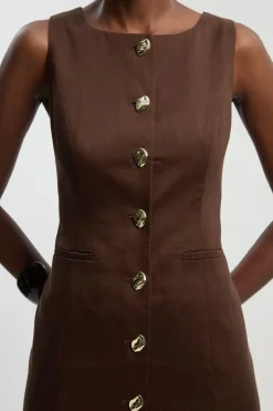 Robe Crayon Midi Cintrée En Lin Avec Boutonnage Devant