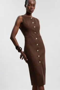 Robe Crayon Midi Cintrée En Lin Avec Boutonnage Devant