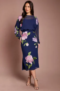 Robe Crayon Midi À Corsage Blouson Et Broderies Florales