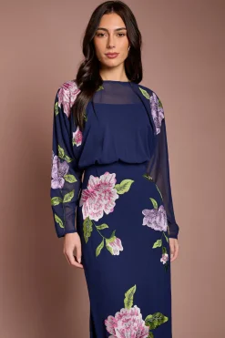 Robe Crayon Midi À Corsage Blouson Et Broderies Florales