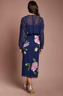 Robe Crayon Midi À Corsage Blouson Et Broderies Florales