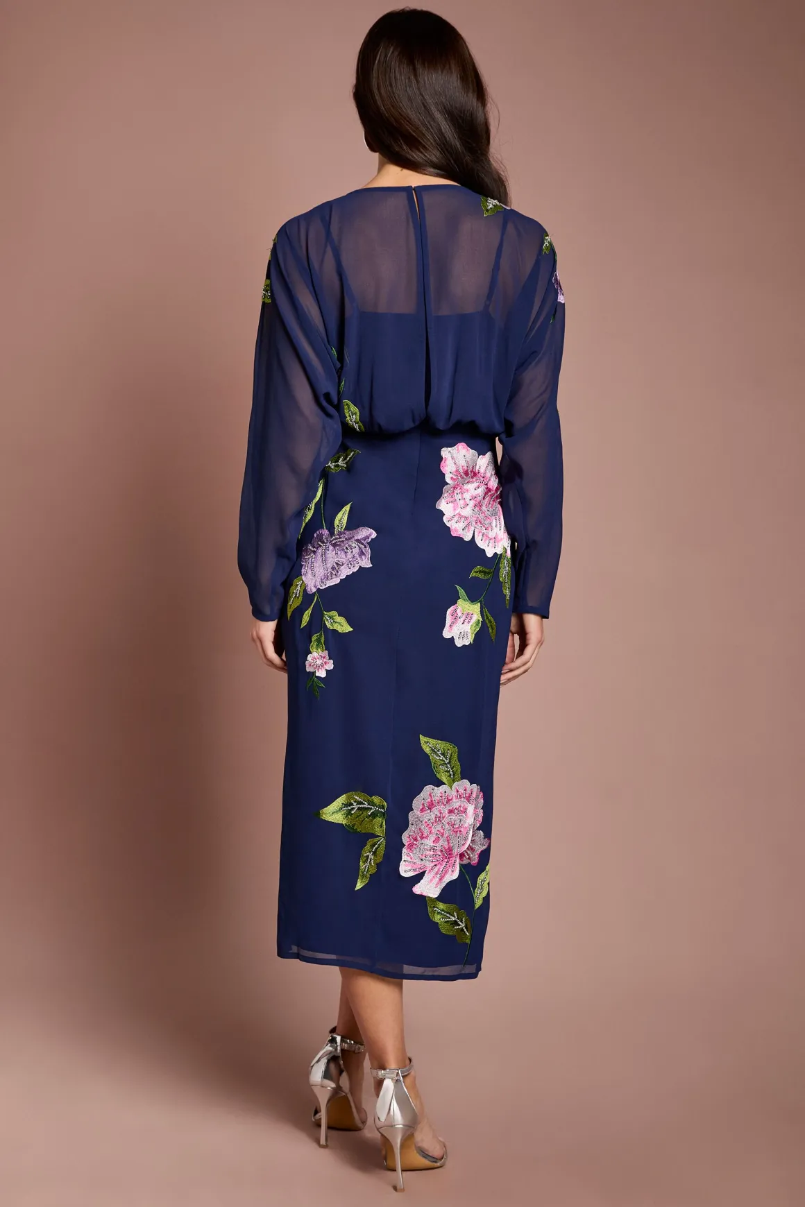 Robe Crayon Midi À Corsage Blouson Et Broderies Florales
