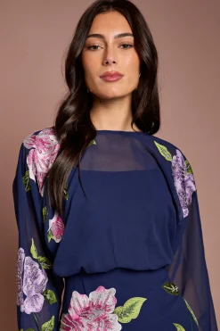 Robe Crayon Midi À Corsage Blouson Et Broderies Florales