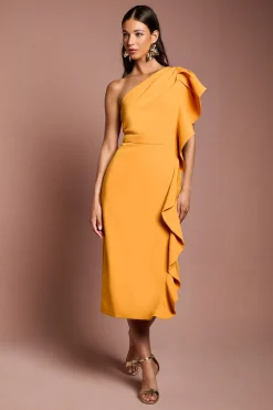 Robe Crayon Midi en Crêpe à Une Épaule avec Volant