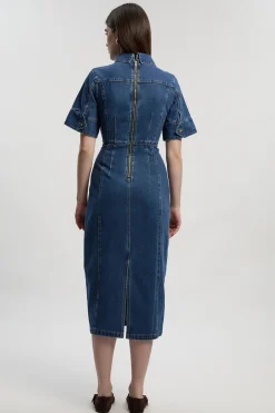 Robe Crayon Midi En Denim Avec Détails De Coutures Corset Petite