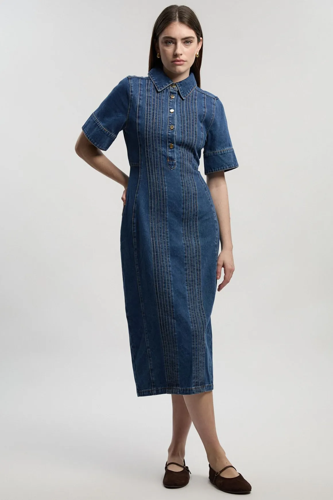 Robe Crayon Midi En Denim Avec Détails De Coutures Corset Petite