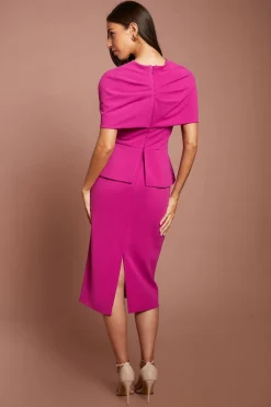 Robe Crayon Midi À Manches Cape Avec Détail Torsadé Devant Et Basque