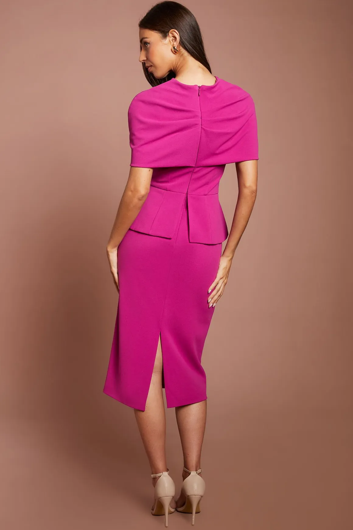 Robe Crayon Midi À Manches Cape Avec Détail Torsadé Devant Et Basque