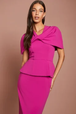 Robe Crayon Midi À Manches Cape Avec Détail Torsadé Devant Et Basque