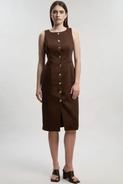 Robe Crayon Midi Petite Taillée En Lin Avec Boutonnage Devant À Effet Statement