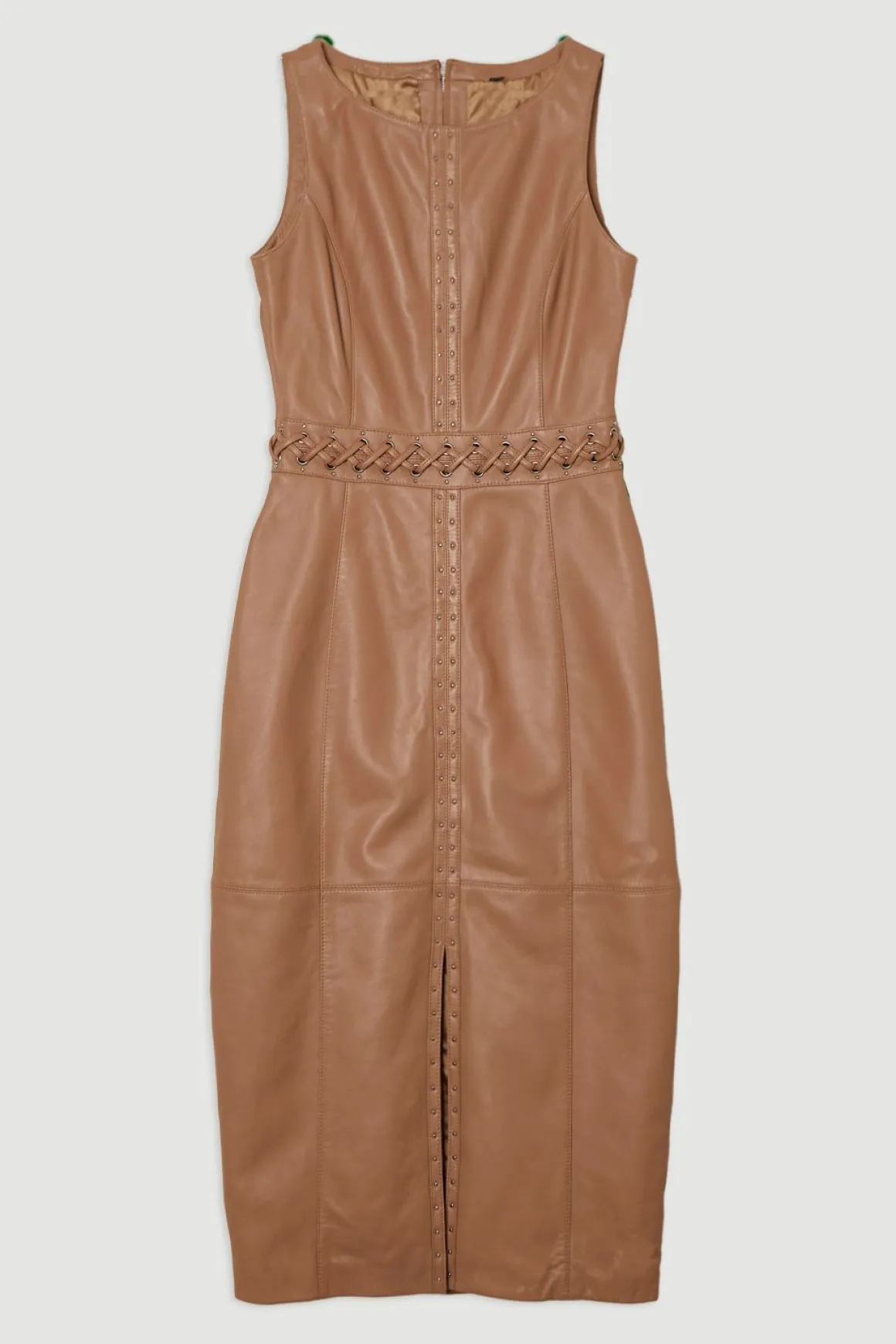 Robe crayon midi sans manches en cuir ornée d'œillets et garnie de dentelle