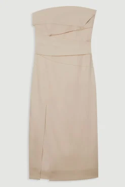 KarenMillen Robe crayon midi structurée en lin premium à bandeau plissé<Femme Tailleurs|Robes Mi-Longues