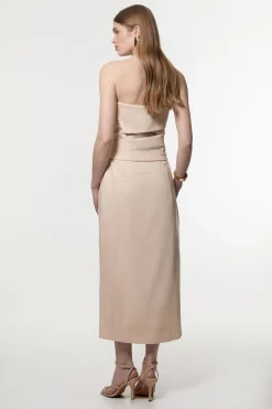 KarenMillen Robe crayon midi structurée en lin premium à bandeau plissé<Femme Tailleurs|Robes Mi-Longues