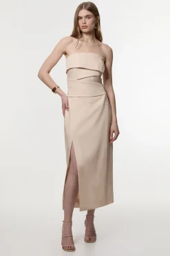 KarenMillen Robe crayon midi structurée en lin premium à bandeau plissé<Femme Tailleurs|Robes Mi-Longues