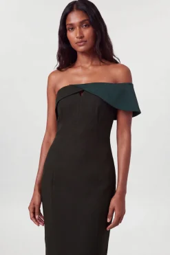 Robe Crayon Mi-longue Ajustée Bardot Asymétrique
