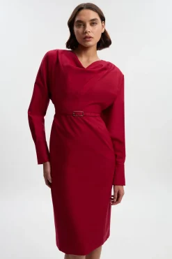 Robe Crayon Mi-Longue Ajustée à Col Drapé Sophistiquée