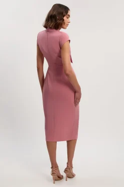 Robe Crayon Mi-Longue Ajustée à Col Nœud Papillon en Stretch Compact Petite Taille