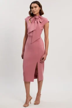 Robe Crayon Mi-Longue Ajustée à Col Nœud Papillon en Stretch Compact Petite Taille