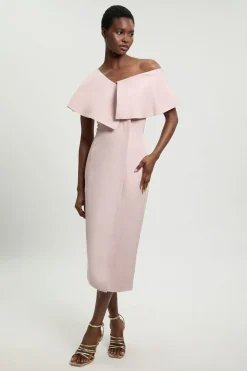 KarenMillen Robe Crayon Mi-longue Ajustée En Mélange De Lin Poli Avec Détail De Pli Asymétrique<Femme Robes|Robes Mi-Longues