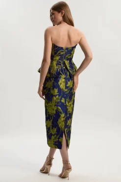 Robe Crayon Mi-Longue Ajustée à Jacquard Floral