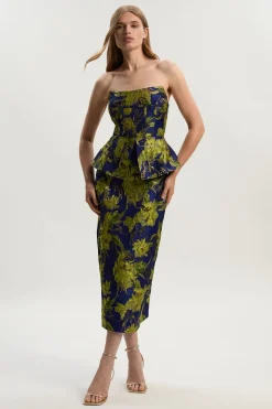 Robe Crayon Mi-Longue Ajustée à Jacquard Floral