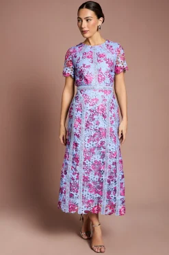 Robe Crayon Mi-Longue en Dentelle Imprimée