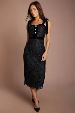 Coast Robe Crayon Mi-longue En Dentelle Satinée Avec Épaules À Nœuds En Velours<Femme Robes Mi-Longues|Satin Et Dentelle